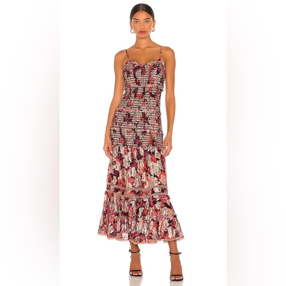 HEMANT & NANDITA Floral Metallic Tiered Maxi Dress